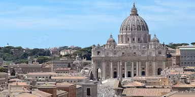 View of St. Peter's Basilica with its large dome, surrounded by rooftops and trees under a clear blue sky.